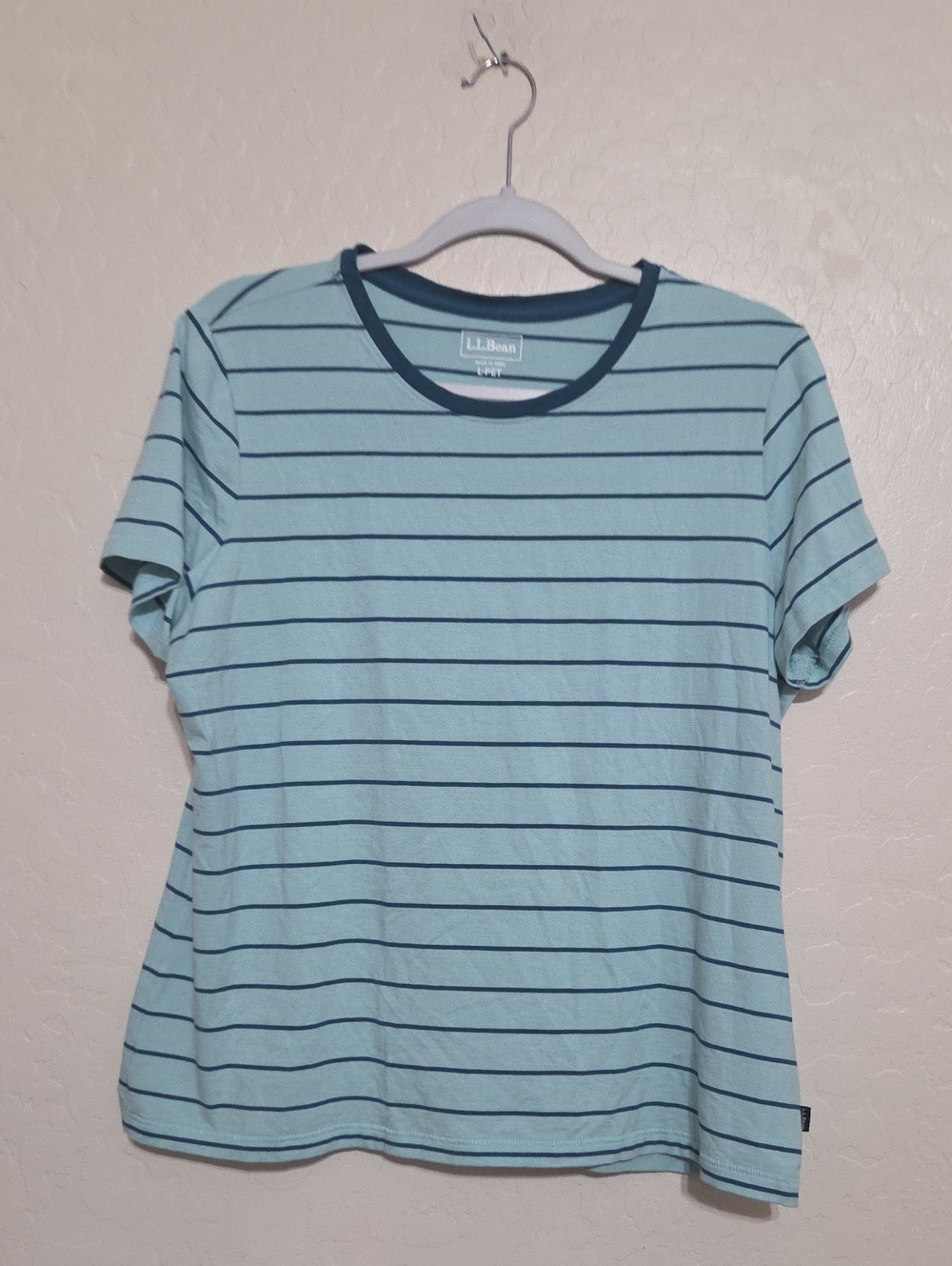 L.L. Bean Light Aqua Short-Sleeve Tee with Navy Stripes